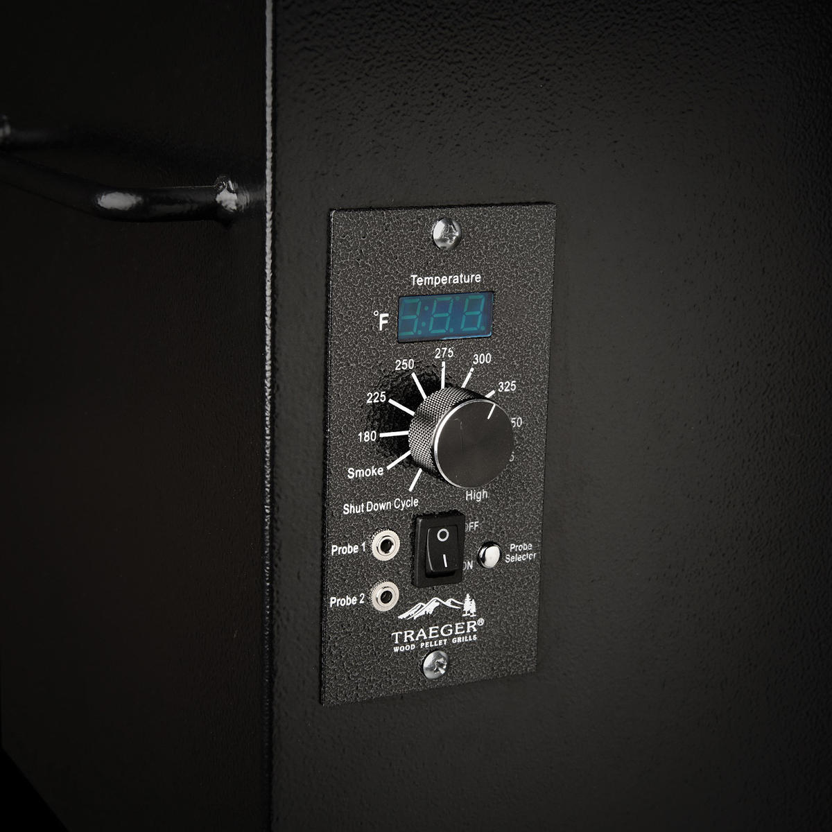 Nærbilde av gelenderhjul på Pelletsgrill Pro Series 22 Blue svart