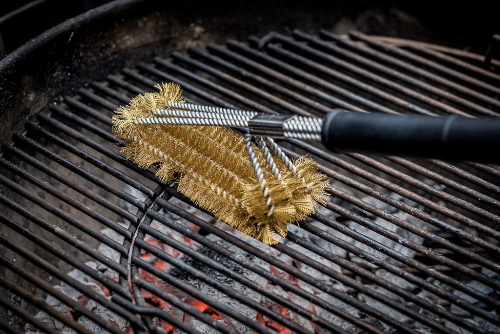 Grillbørste messing for støpejernsrist 45 cm trippelhode bakside