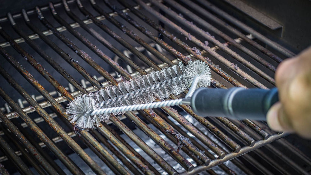 Detaljbilde av børstehoder på Grillbørste rustfritt stål 3-sidig 39,5 cm Grillfürst