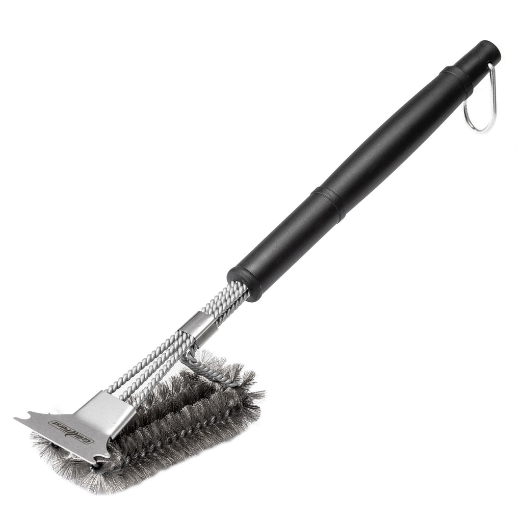 Grillbørste rustfritt stål trippelhode med skrape 45 cm forfra