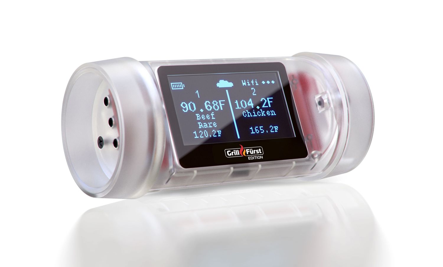 Bakside av GrillEye MAX WiFi steketermometer med 4 sonder