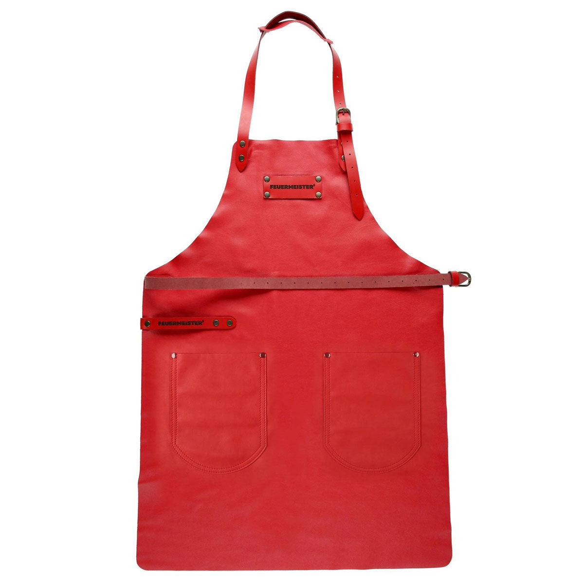 Grillforklæ lær rød 60x85 cm med 2 lommer - Feuermeister forfra