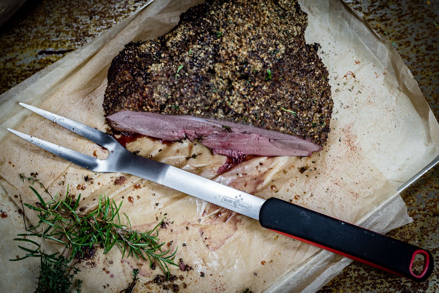 Montert Grillgaffel rustfritt stål 45 cm - Grillfürst klar til bruk