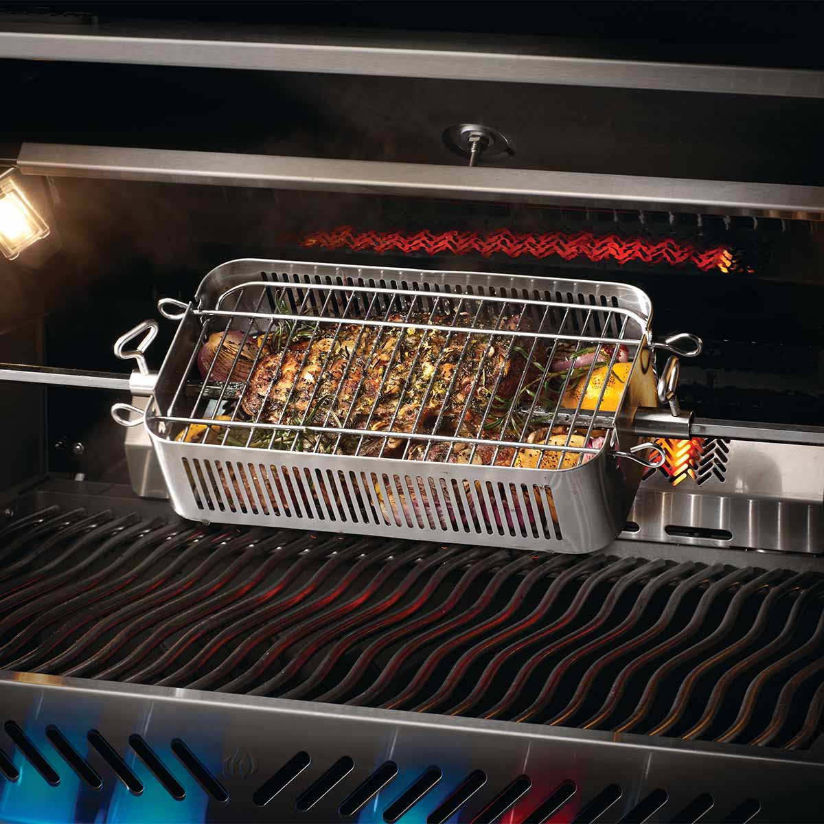 Nærbilde av rustfritt stål grillkurv for dreiespidd justerbar Napoleon
