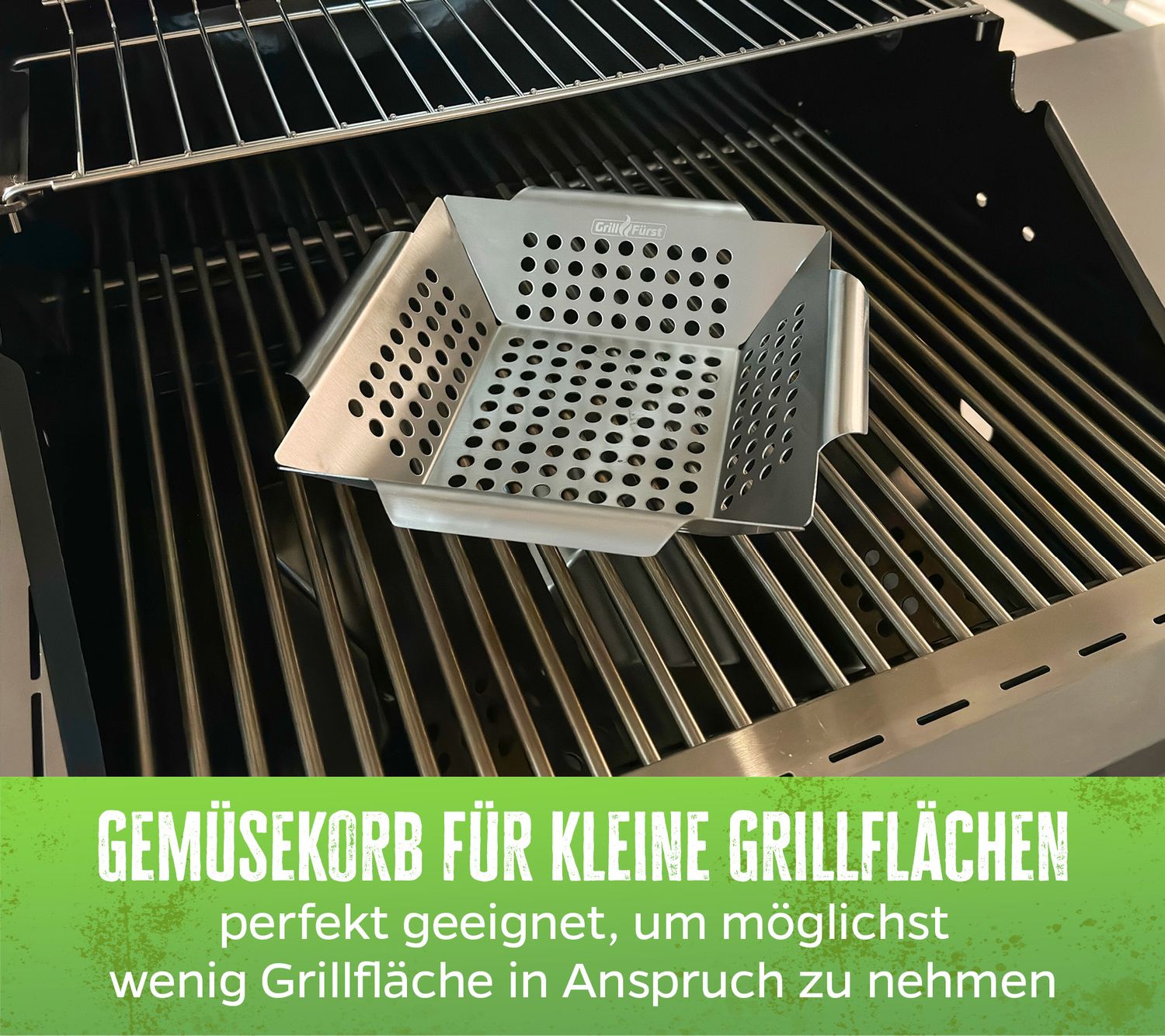 Grillkurv rustfritt stål liten 25 x 25 cm - Grillfürst med håndtak