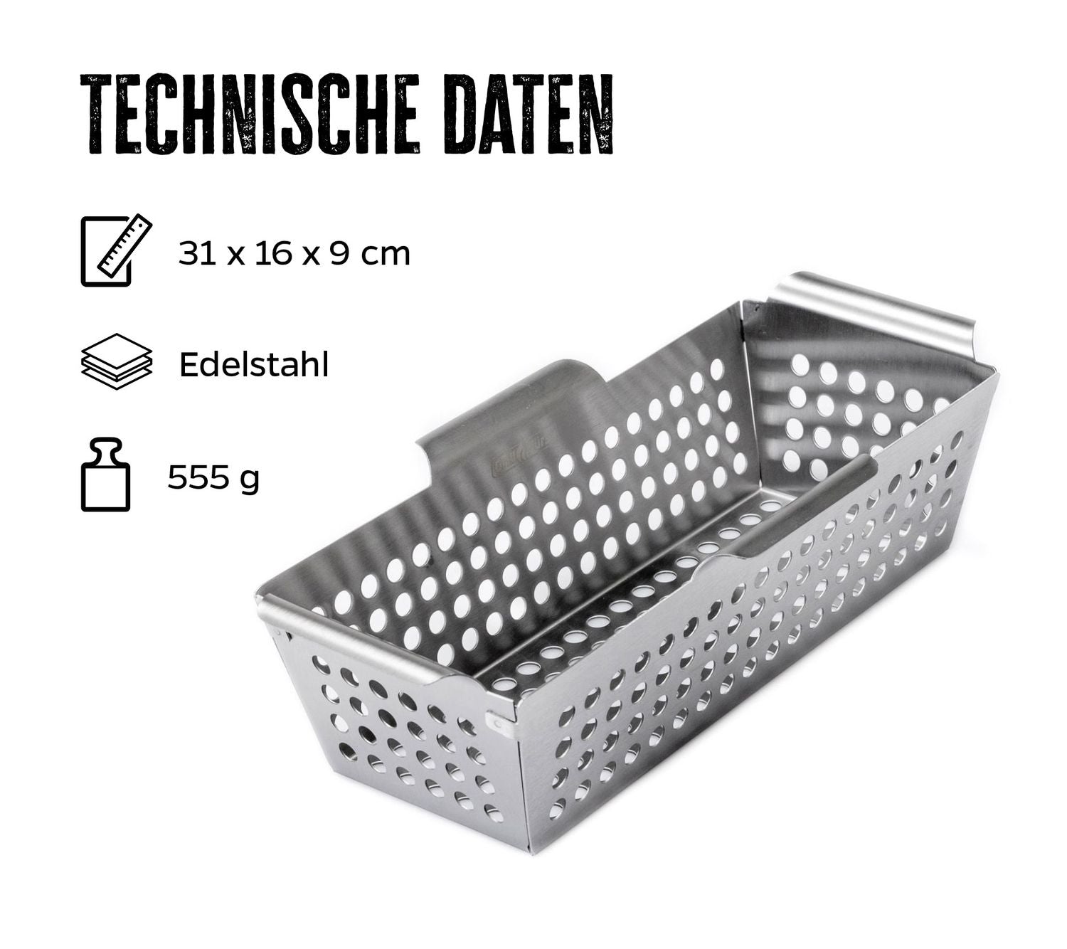Grillkurv rustfritt stål rektangulær 31 x 16 cm bakside