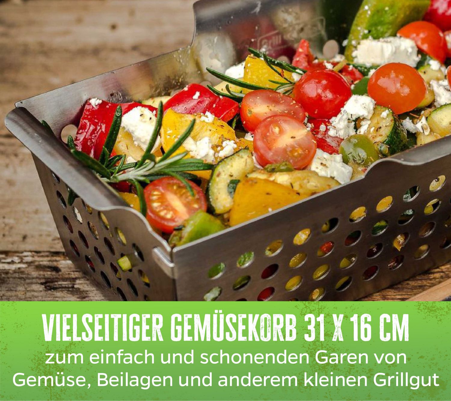 Grillkurv rustfritt stål rektangulær 31 x 16 cm detalj av håndtak