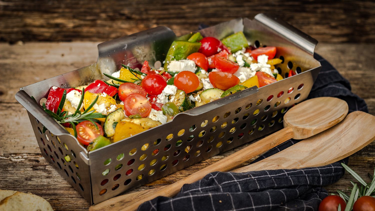Grillkurv rustfritt stål rektangulær 31 x 16 cm håndtak detalj