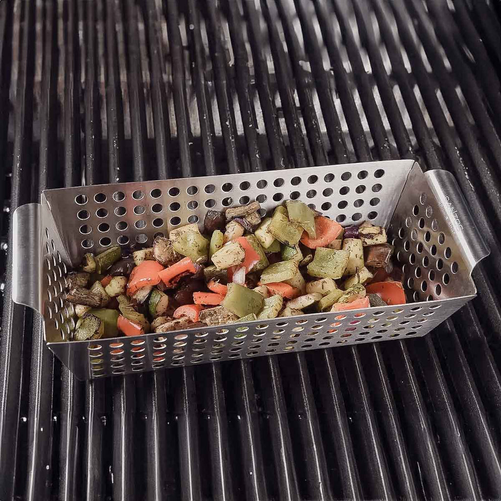Grillkurv S / grillwok rustfritt stål 31,5 x 13,5 cm sett fra siden