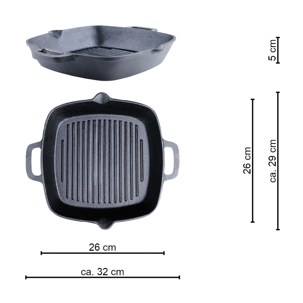 Montert grillpanne støpejern kvadratisk 26 x 26 cm - SANTOS på grill