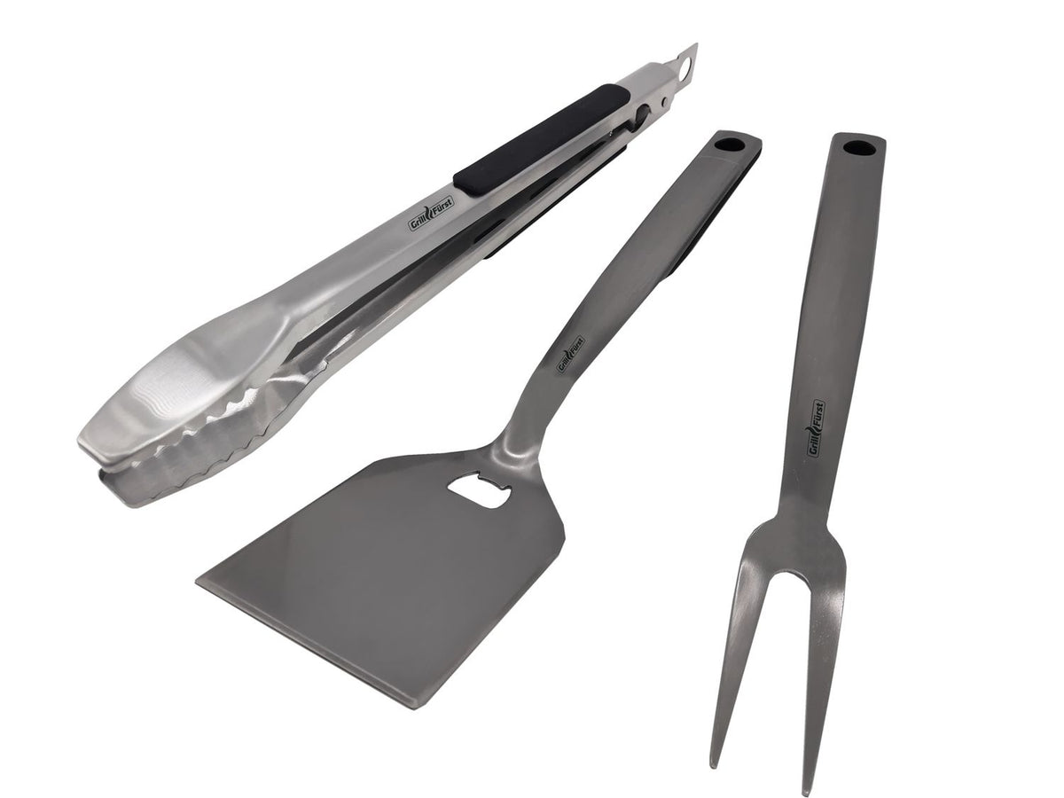 Grillsett 3-delt rustfritt stål med grilltang og spade forfra