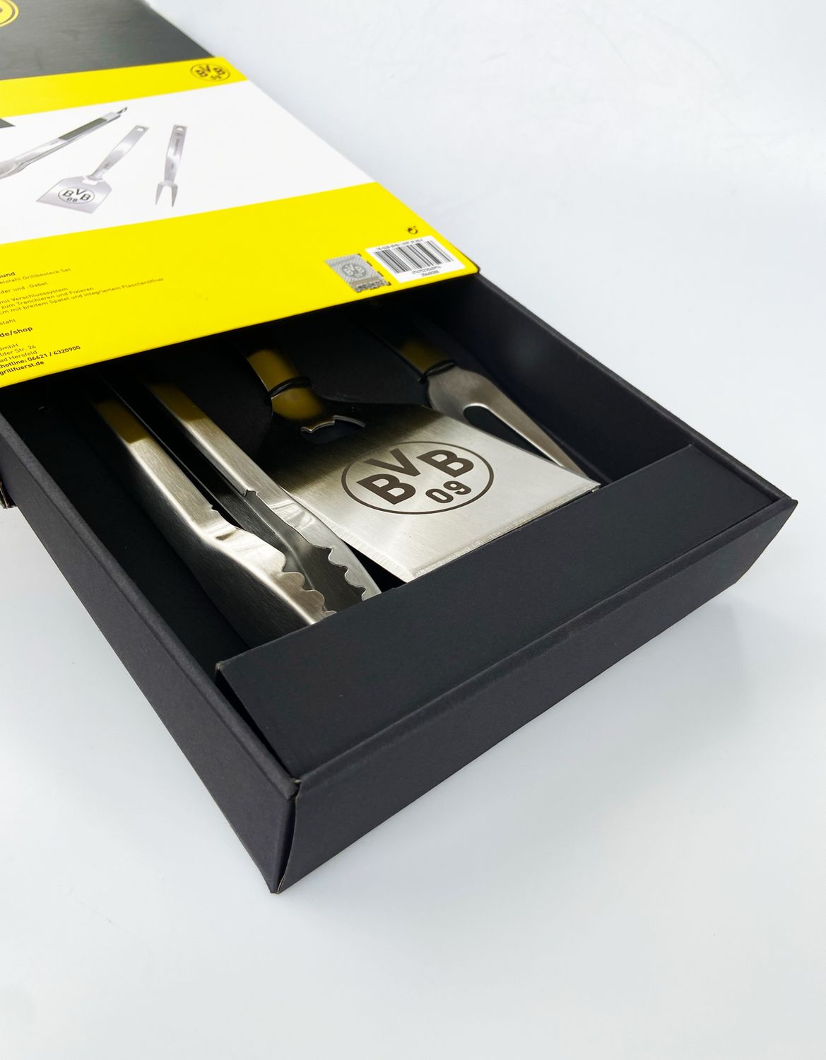 Bakside av Grillsett 3-delt rustfritt stål Borussia Dortmund Edition