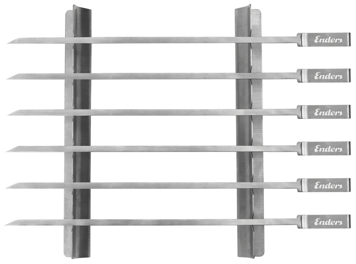 Grillspyd sett 6 stk rustfritt stål 38 cm med holder - Enders bakside