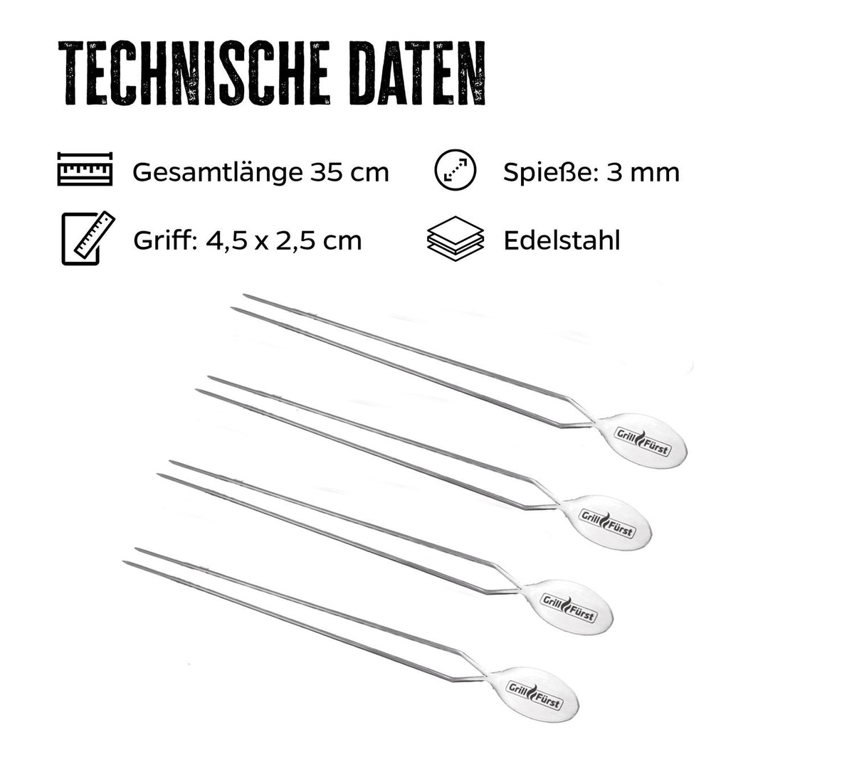 Grillspyd rustfritt stål 35 cm 4-pakning bakside
