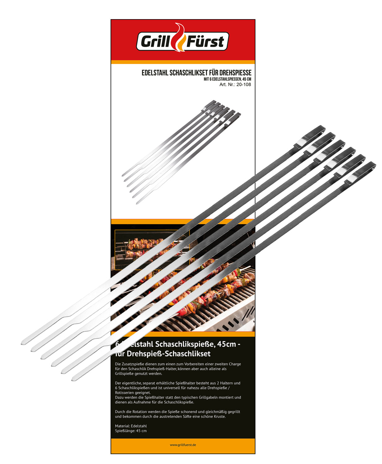 Grillspyd rustfritt stål 45 cm 6-pakning forfra
