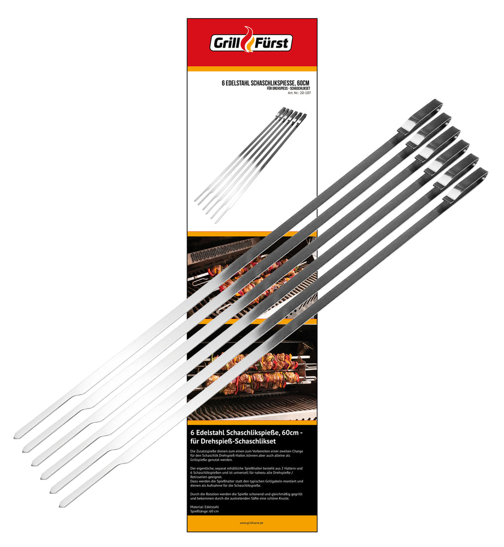 Grillspyd rustfritt stål 60 cm 6-pakning for dreiespidd forfra