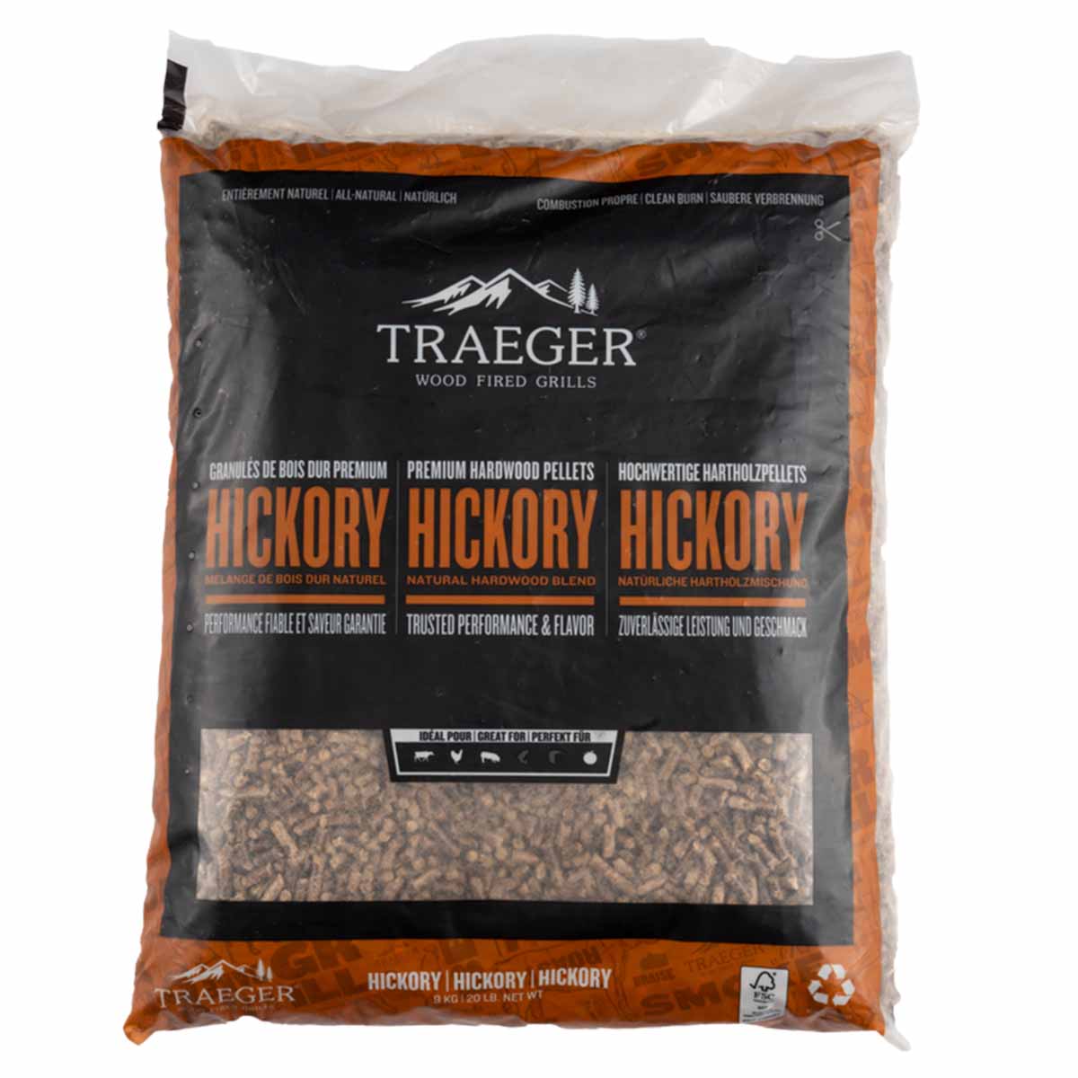 Hardtre pellets hickory 9 kg FSC - Traeger forfra