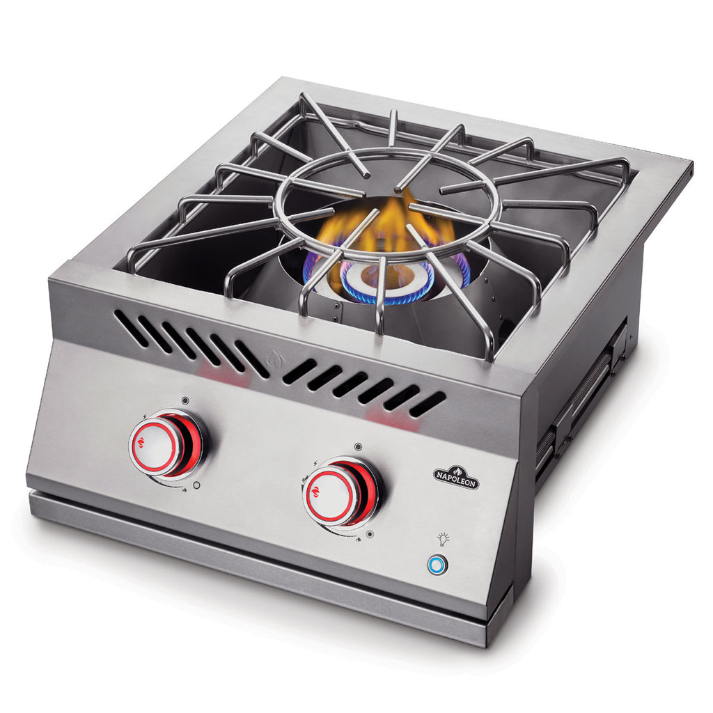 Nærbilde av rustfri stål ringbrenner på innebygd wokbrenner 700-serie 12 kW Napoleon