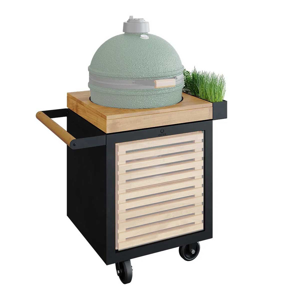 Kamado Table Black 65 PRO teaktre BGE detalj av teakhylle og hjul