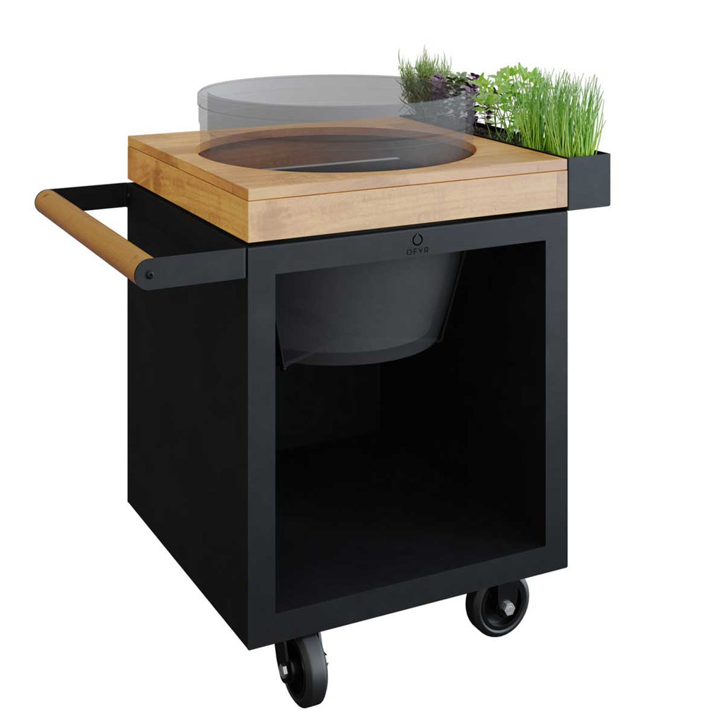 Kamado Table Black 65 PRO teaktre BGE forfra med Big Green Egg