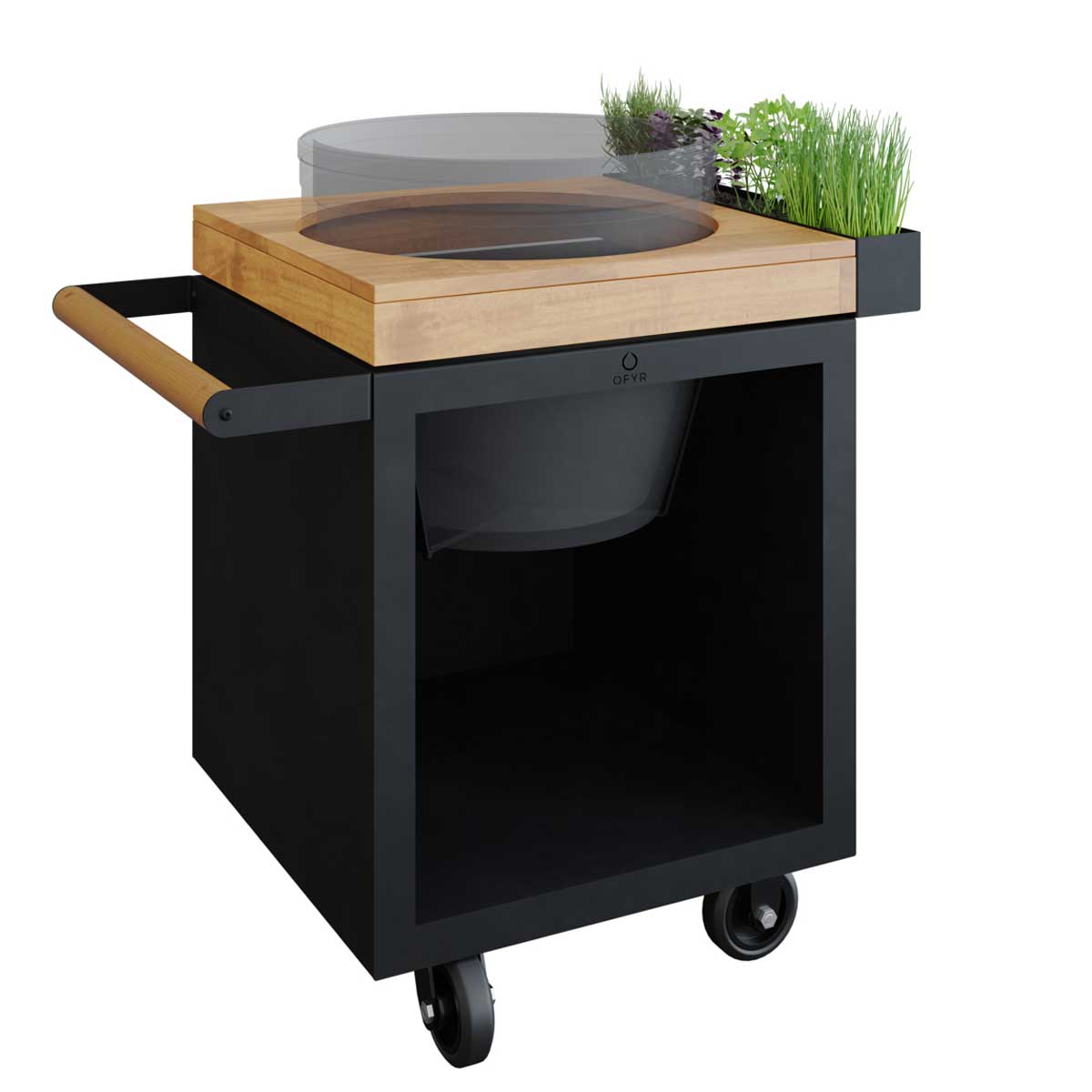 Kamado Table Black 65 PRO teaktre BGE forfra med Big Green Egg