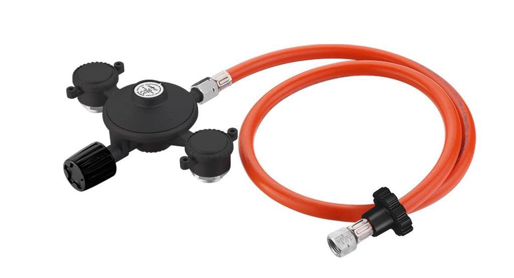 Kartusje-trykkregulator 50 mbar med 12 gasskartusjer bakside