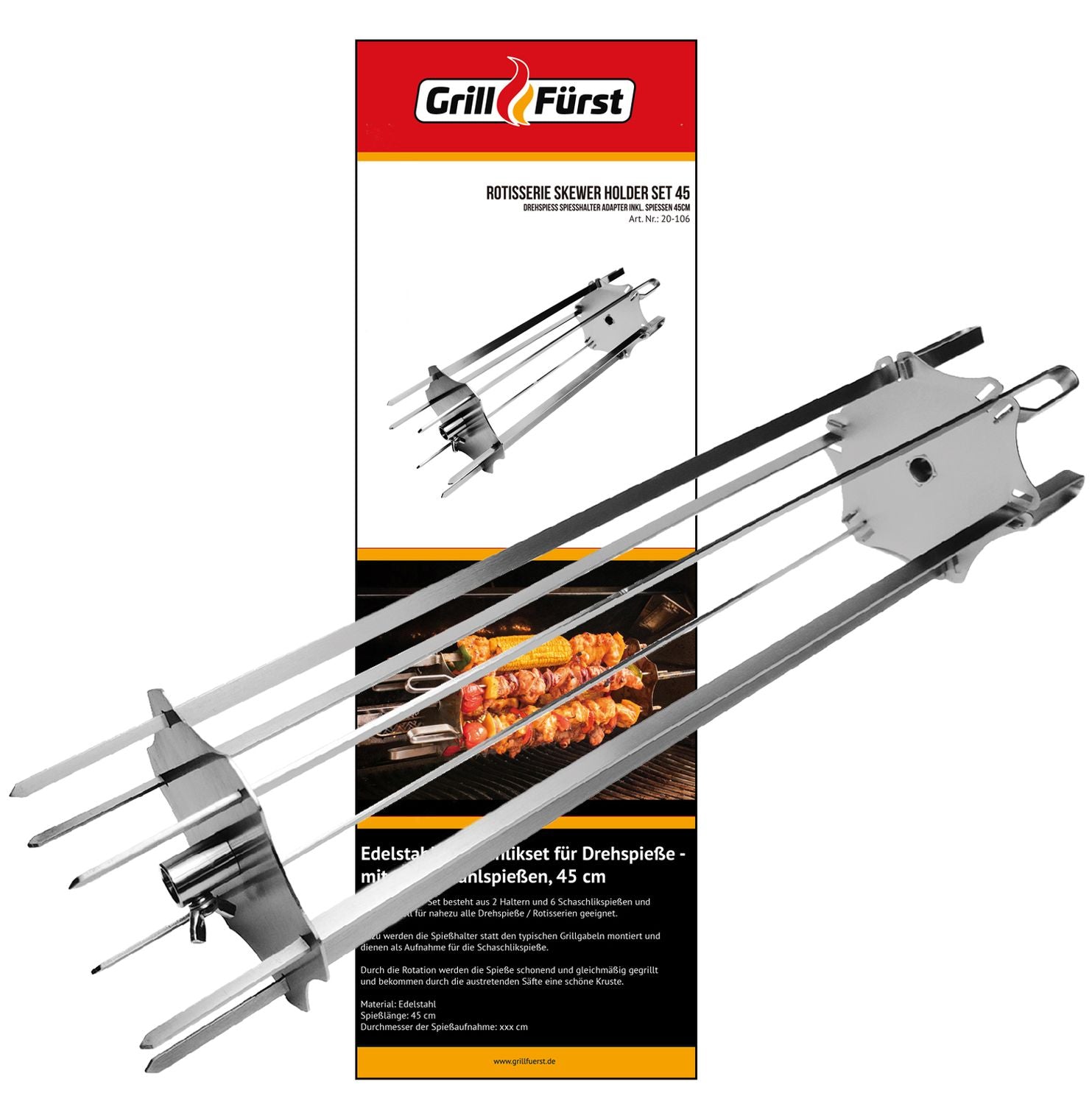Kebabspyd-sett for dreiespidd 6 spyd 45 cm bakside