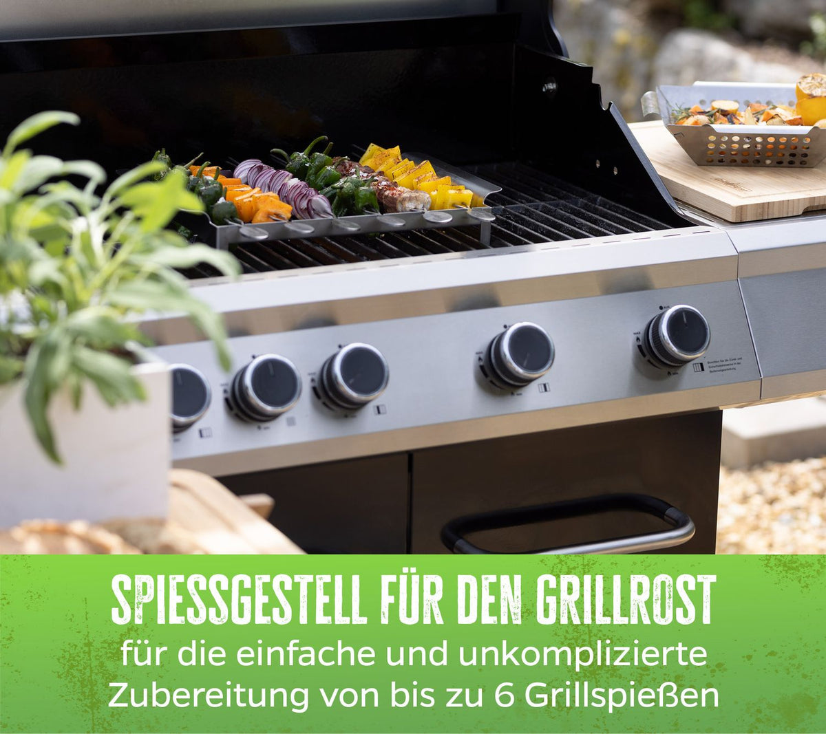 Detalj av Kebabspyd-stativ rustfritt stål med 6 dobbeltspyd