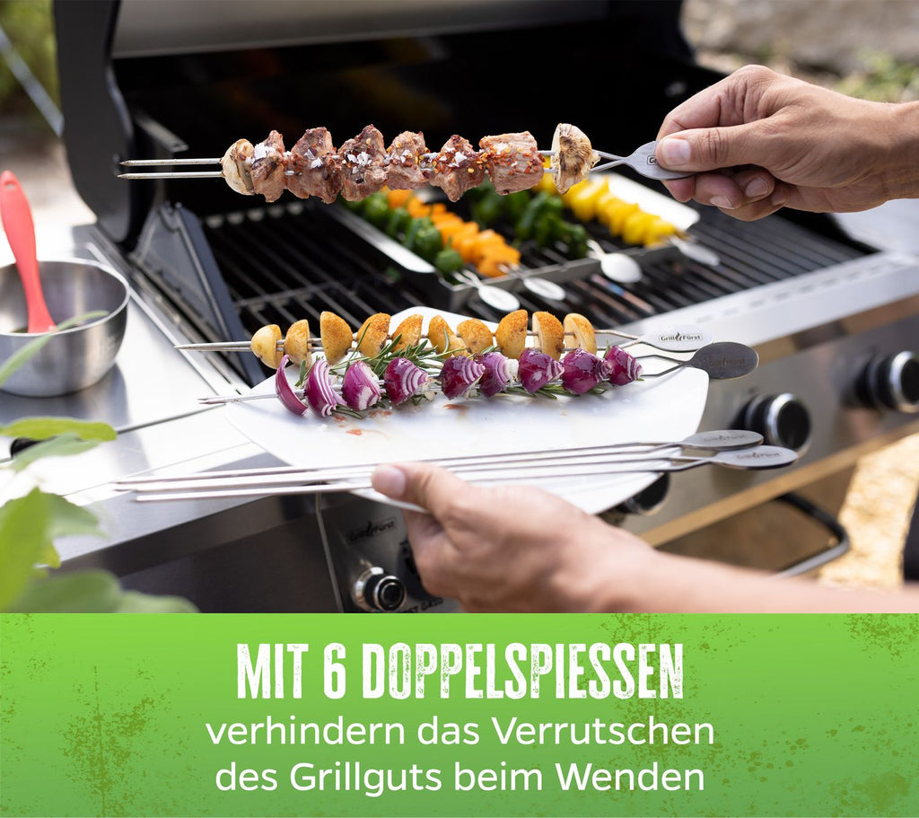Kebabspyd-stativ rustfritt stål med 6 dobbeltspyd med spyd i bruk