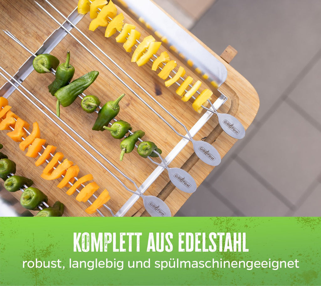 Kebabspyd-stativ rustfritt stål med 6 dobbeltspyd klar til grilling