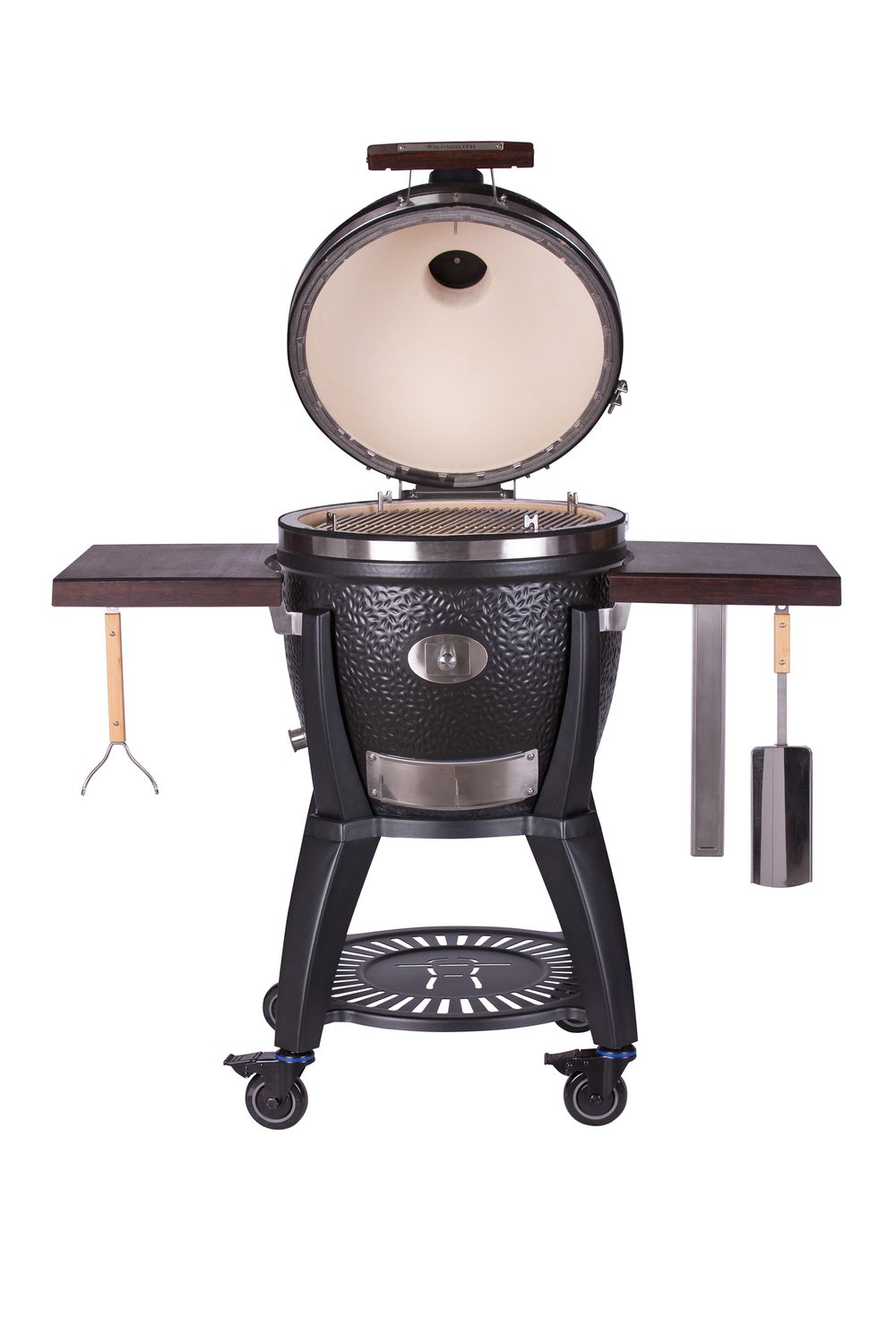 Keramisk grill AVANTGARDE.55 med stativ og sidebord med åpnet lokk