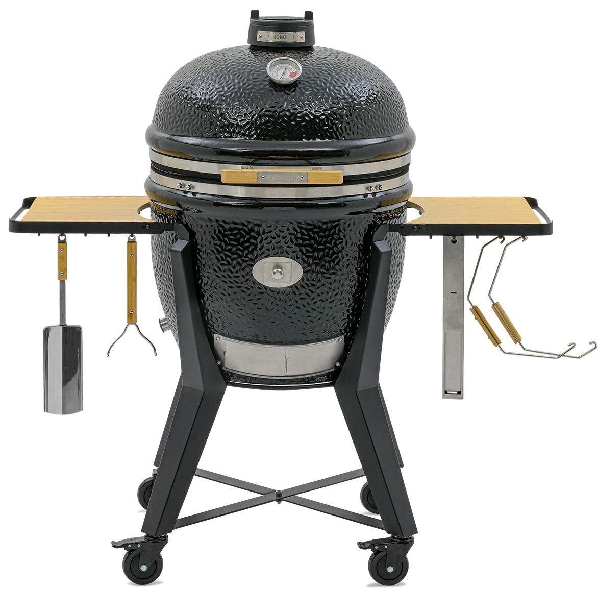 Keramisk grill TWO.66 med stativ og sidebord forfra
