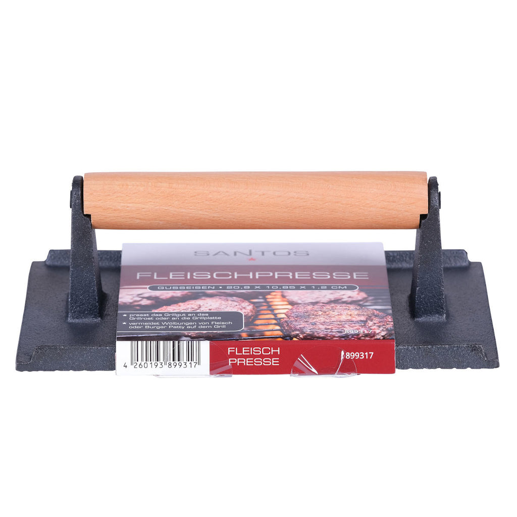 Kjøttpresse støpejern med trehåndtak 21 x 11 cm - SANTOS montert på grill