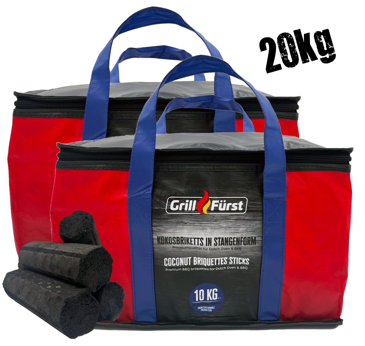 Kokosbriketter stangenform 20 kg for dutch oven og grill forfra