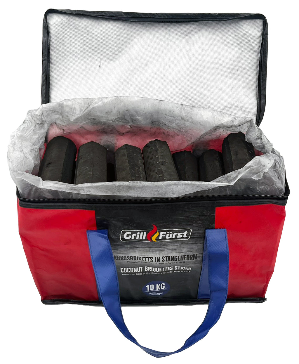Kokosbriketter stavform 10 kg for dutch oven og grill - Grillfürst bakside