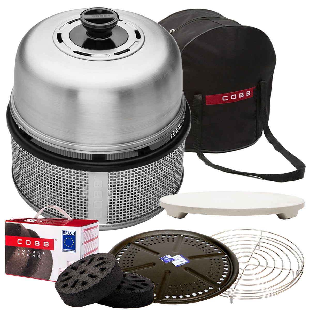 Kullgrill Premier AIR Deluxe med grillplate og pizzastein - Cobb forfra