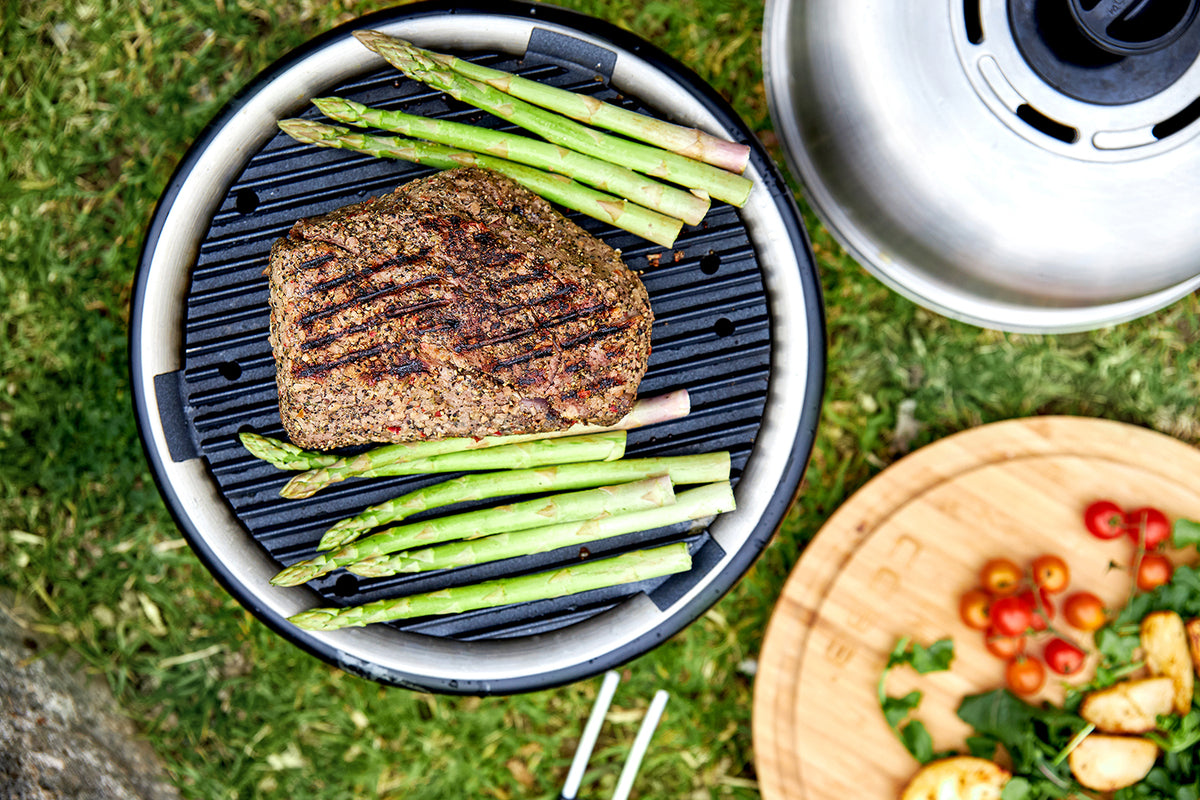 Kullgrill Premier AIR Deluxe med kyllingholder og tilbehør detalj av grillflate