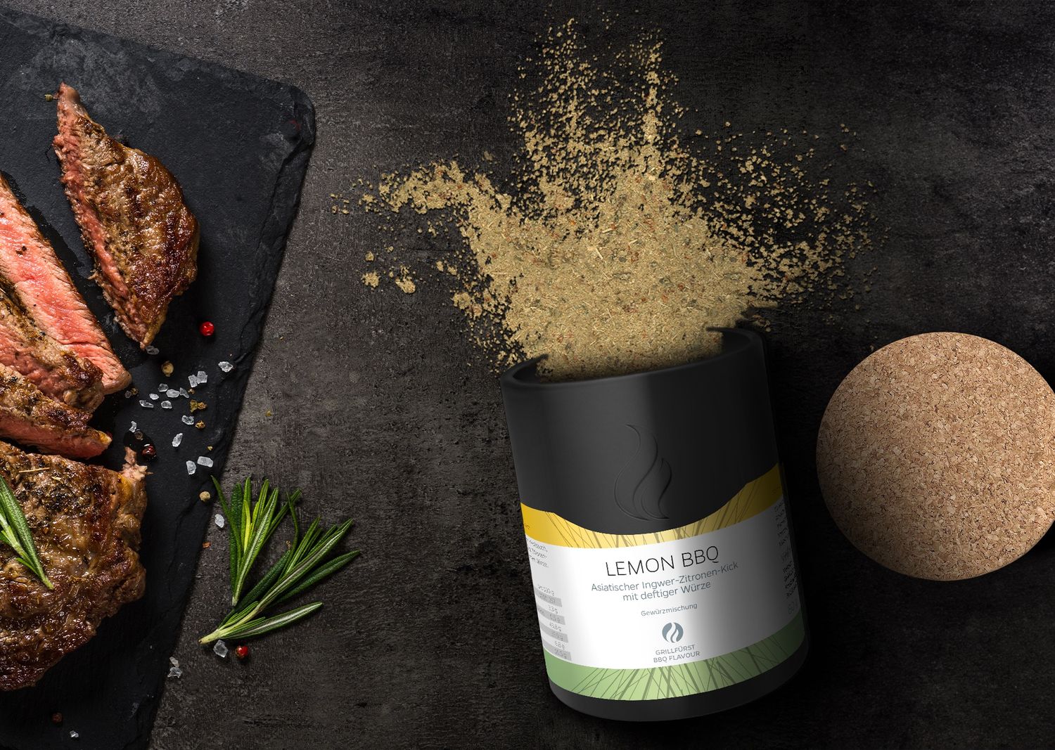 Lemon BBQ krydderblanding BBQ rub keramikkboks bakside med ingredienser