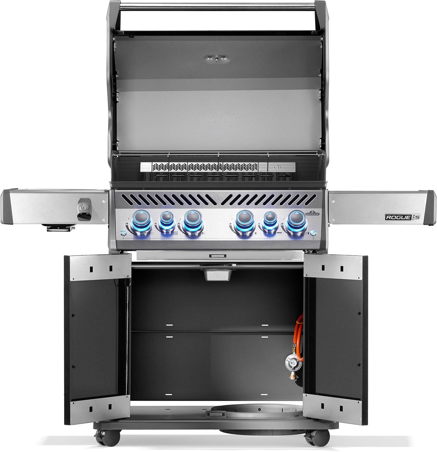 Montert Gassgrill Rogue PRO-S 525 støpejernsrist Sizzle Zone med åpnet lokk