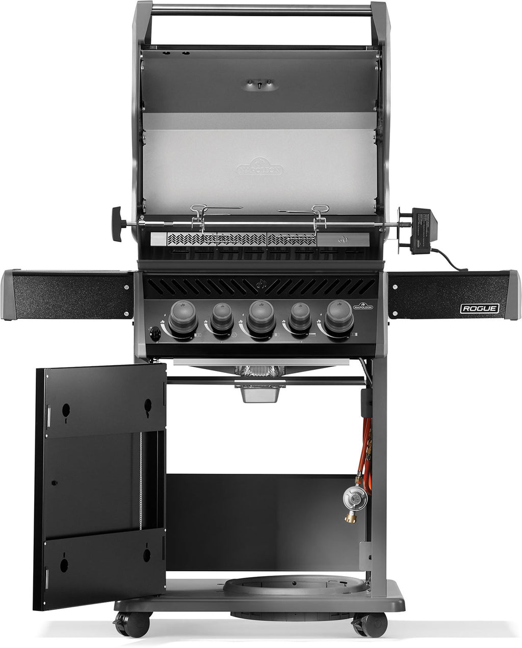Nærbilde av wave-design gusseisengrill på Gassgrill Rogue 425 all black med sidebrenner og bakbrenner