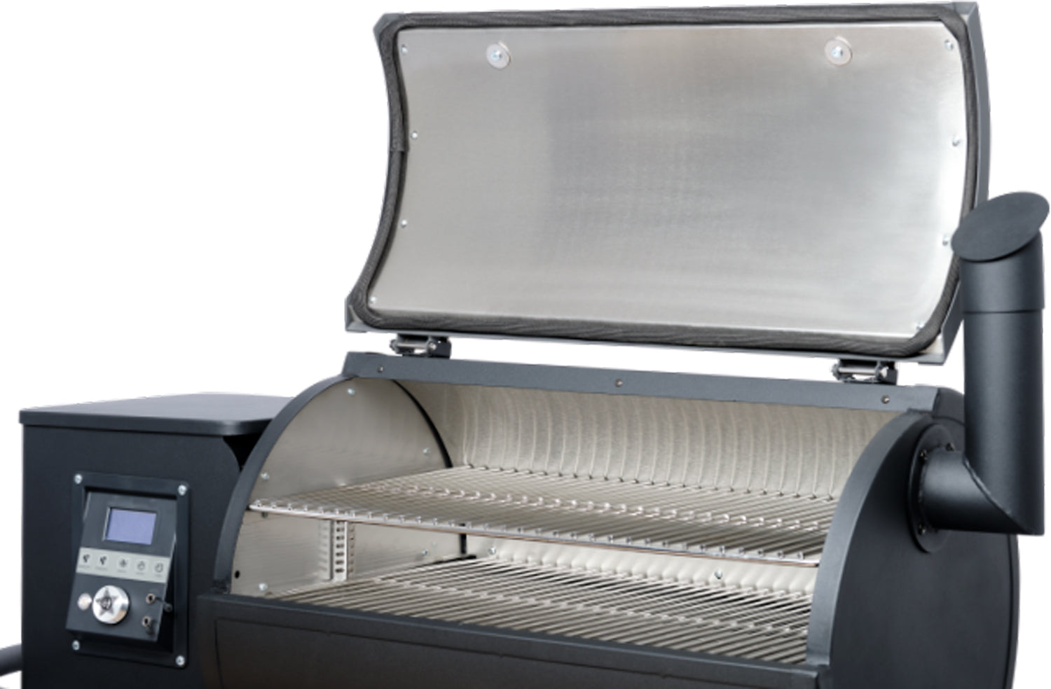 Detaljbilde av kontrollpanel på Pelletsgrill Sheriff med hylle PaperBlank svart