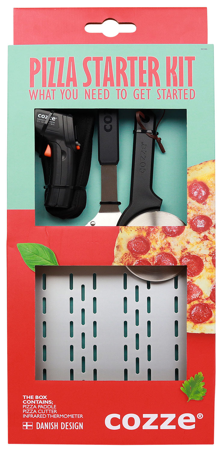 Pizza startsett pizzaspade, pizzaskjærer og IR-termometer - Cozze bakside