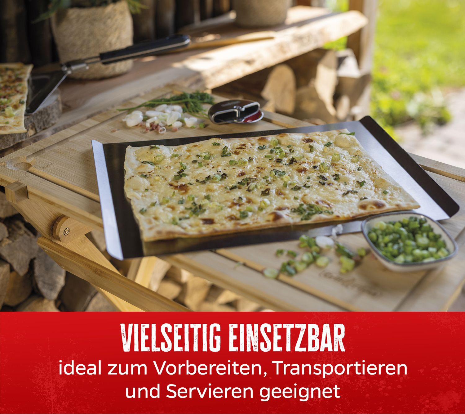 Detalj av håndtak på Pizzabrett rustfritt stål 40x30 cm rektangulært Grillfürst