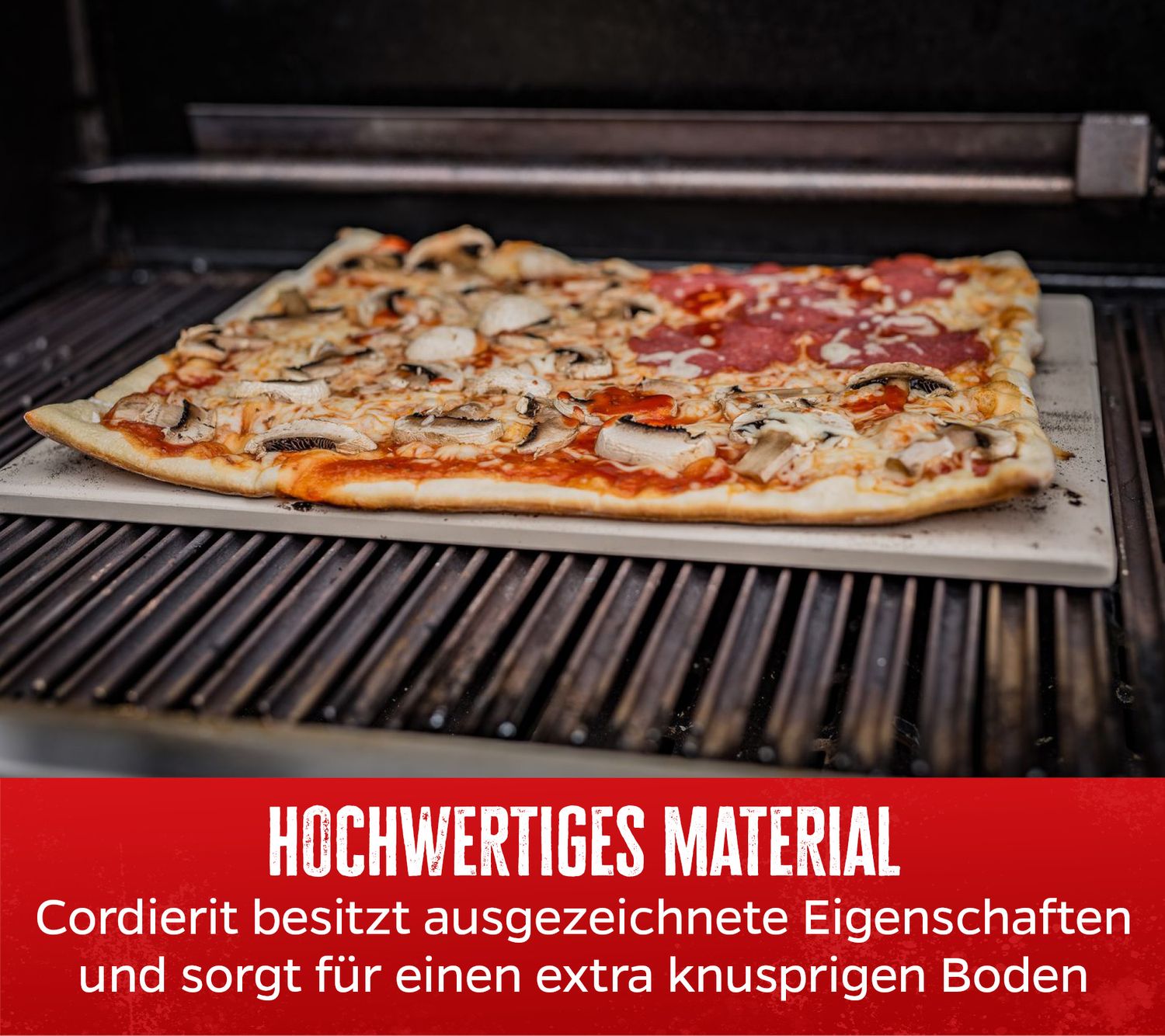 Montert Pizzastein rektangulær 40 x 30 cm med pizzabrett på grill