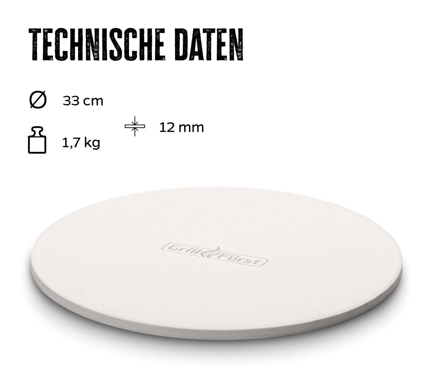 Bakside av Pizzastein rund Ø 33 cm med pizzabrett Grillfürst