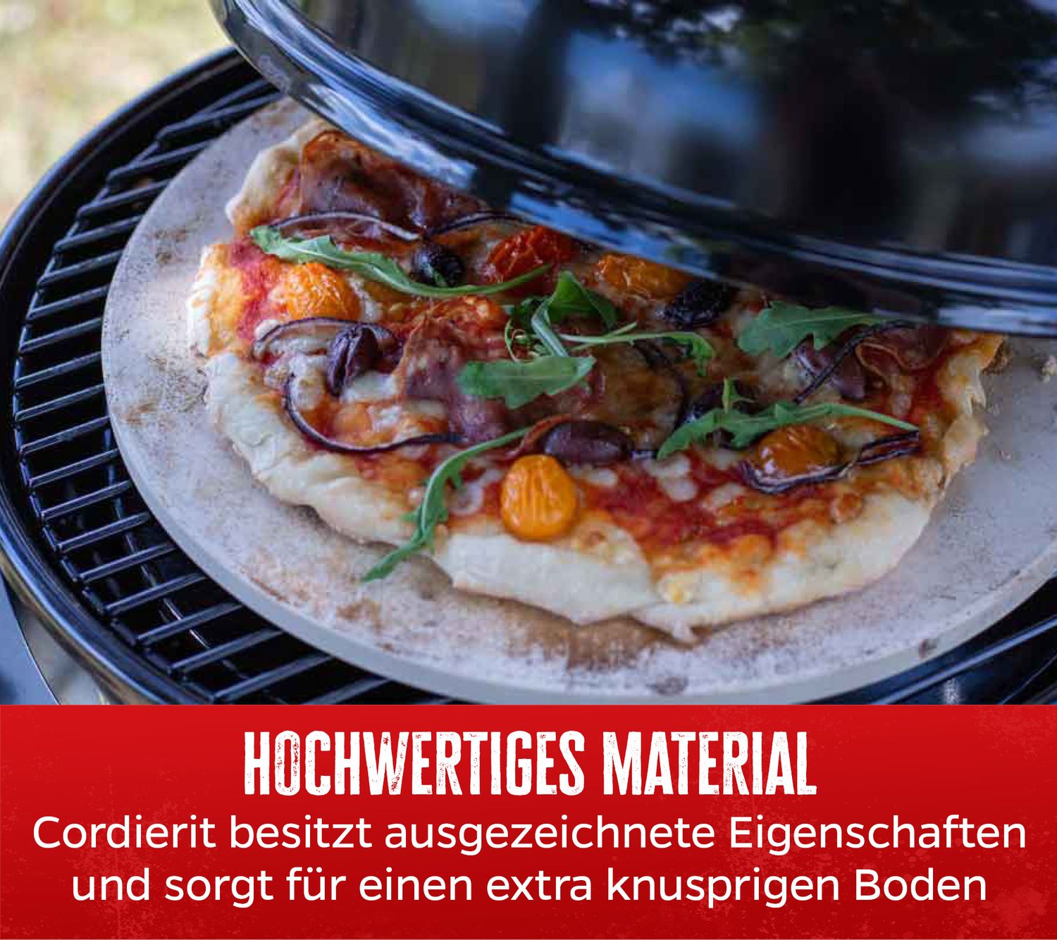 Montert Pizzastein rund Ø 33 cm med pizzabrett Grillfürst på grill