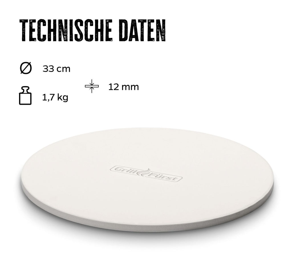 Pizzastein rund Ø 33 cm med pizzabrett bakside