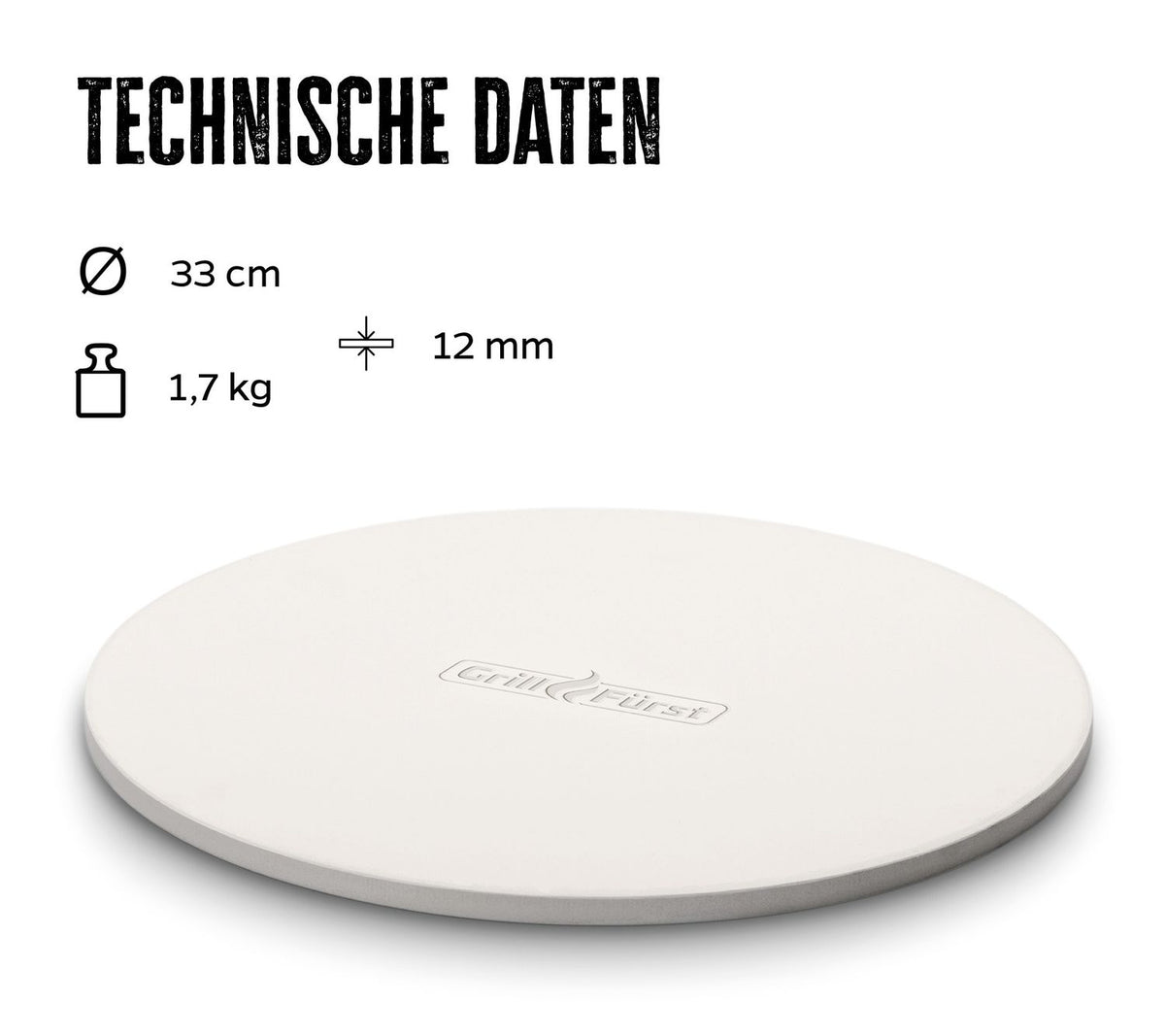 Pizzastein rund Ø 33 cm med pizzabrett bakside