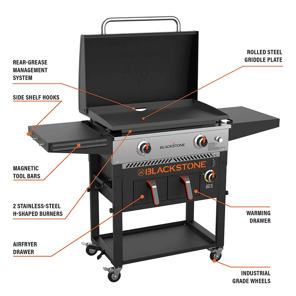 Plancha gassgrill 28" med Airfryer 2 brennere 73 cm - Blackstone med tilbehør