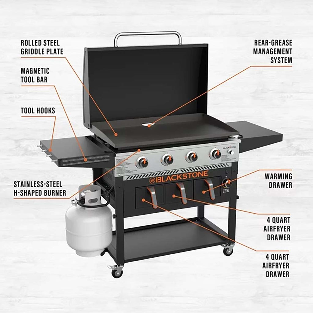 Detalj av Plancha gassgrill 36" med Airfryer 4 brennere 91 cm Blackstone